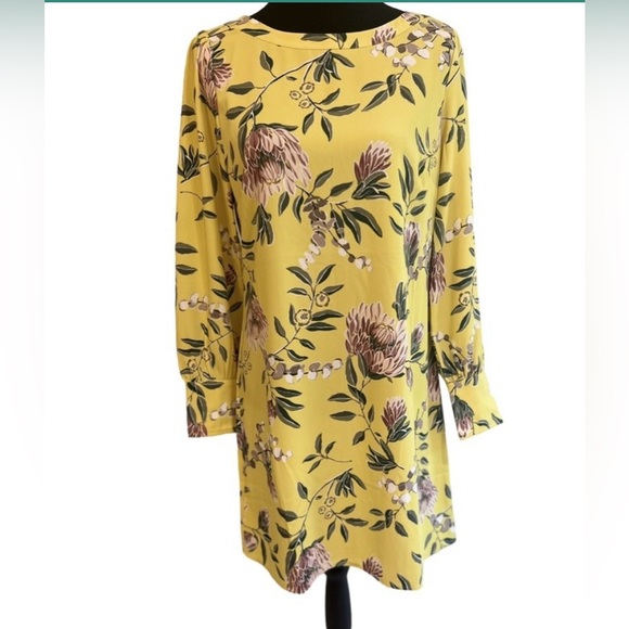 NWT LOFT Yellow and Pink Floral Long Sleeve Shift Dress - Picture 2 of 5
